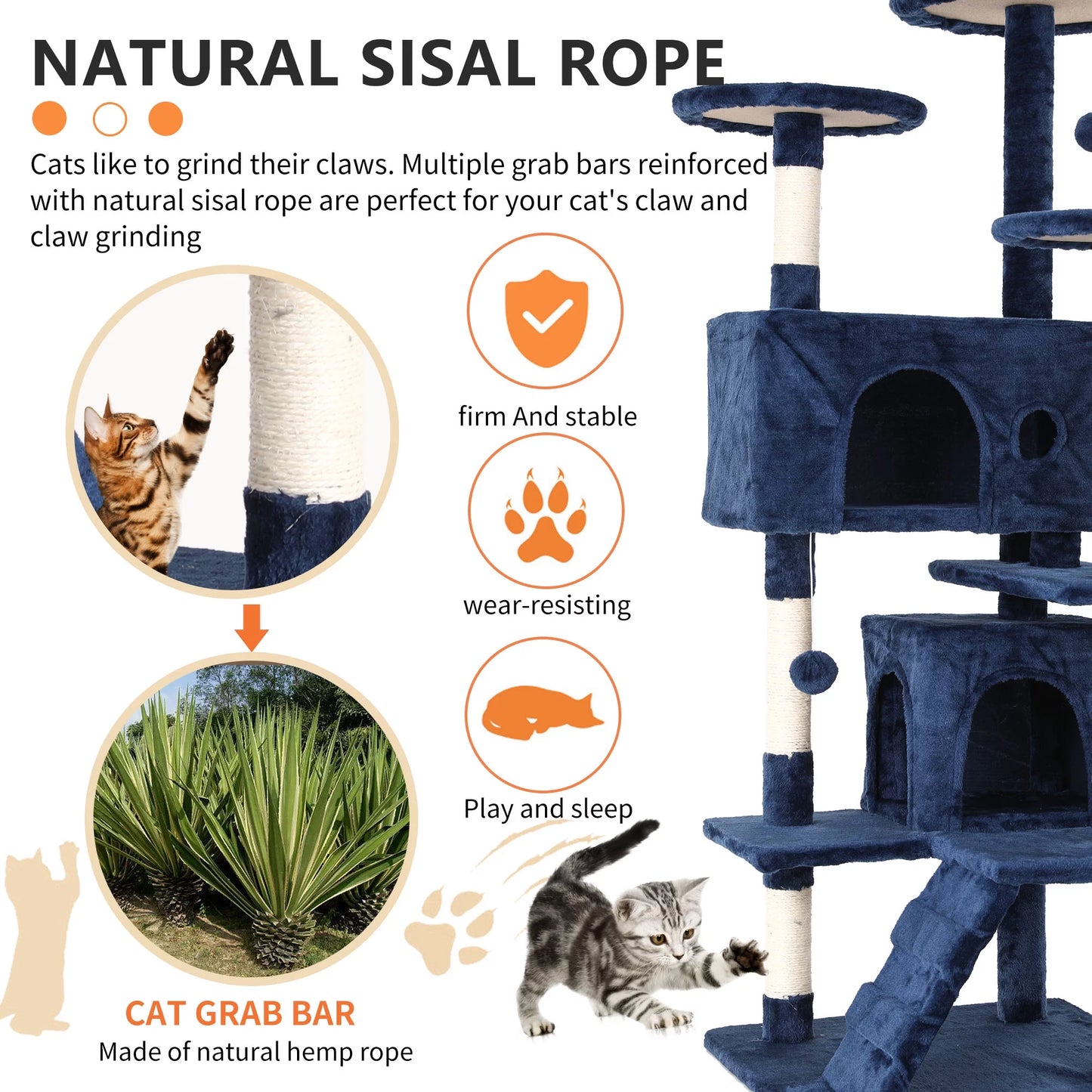 54-Inch Double Condo Cat Tree Tower with Scratching Post and Perch for Indoor Use in Navy Blue