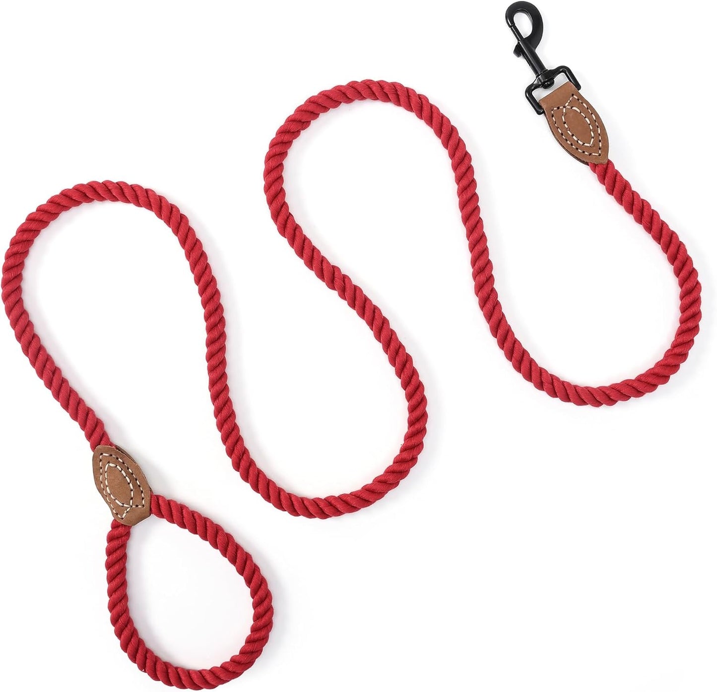 Braided Cotton Rope Dog Leash with Leather Tip - Durable Metal Clasp, 5FT Length, 1/2" Thickness - Perfect for Medium to Large Breeds (Red)