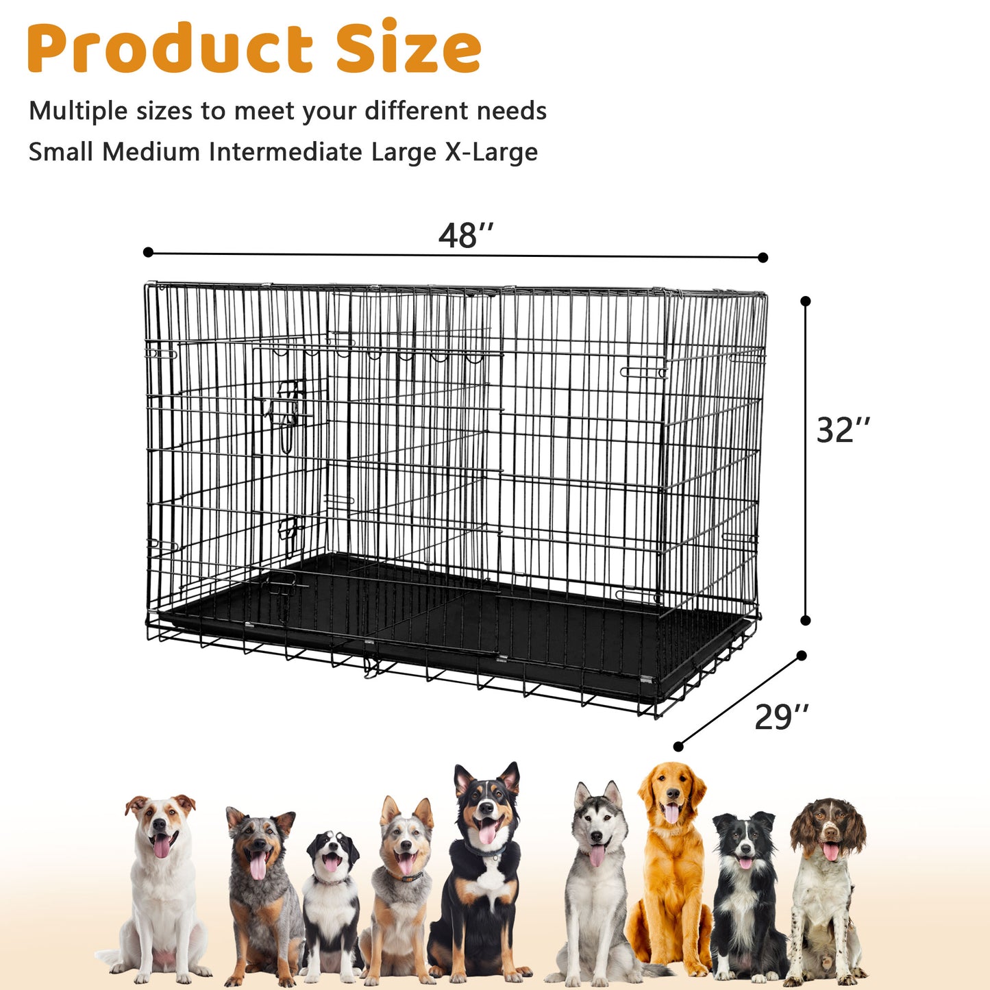 48-Inch Collapsible Metal Dog Crate with Dual Access Doors and Carry Handle, Suitable for Large and Medium Breeds, Includes Removable Plastic Tray, Black