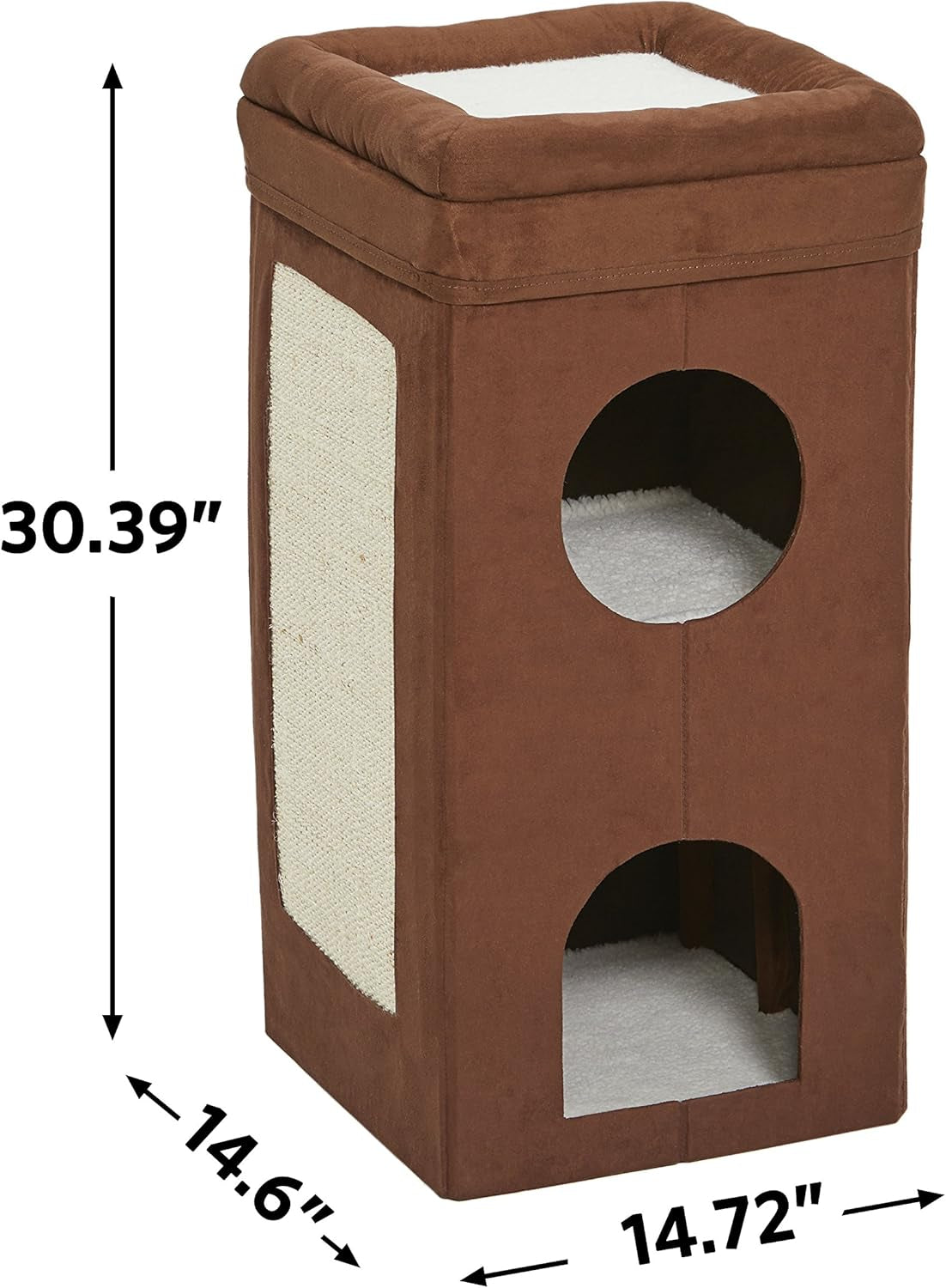 Feline Nuvo Curious Cat Condo, Tri-Level Cat Tree, Faux Brown Suede with Hideaways, Bed Top & Sisal Scratch Panel, for Multiple Cats