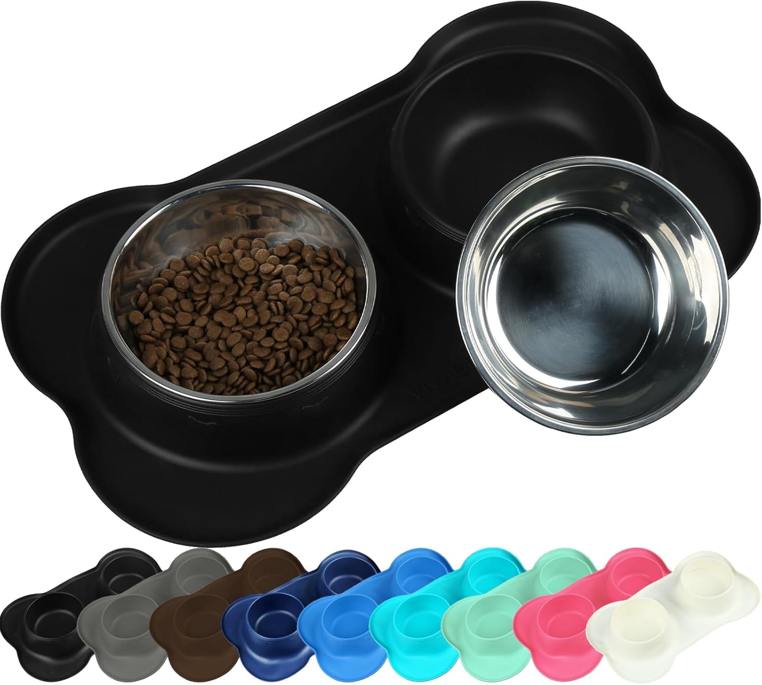 Dog Bowls, Dog Food Bowls, Stainless Steel Cat Puppy Water Bowls with Non Spill Skid Resistant Silicone Mat, Large, Black