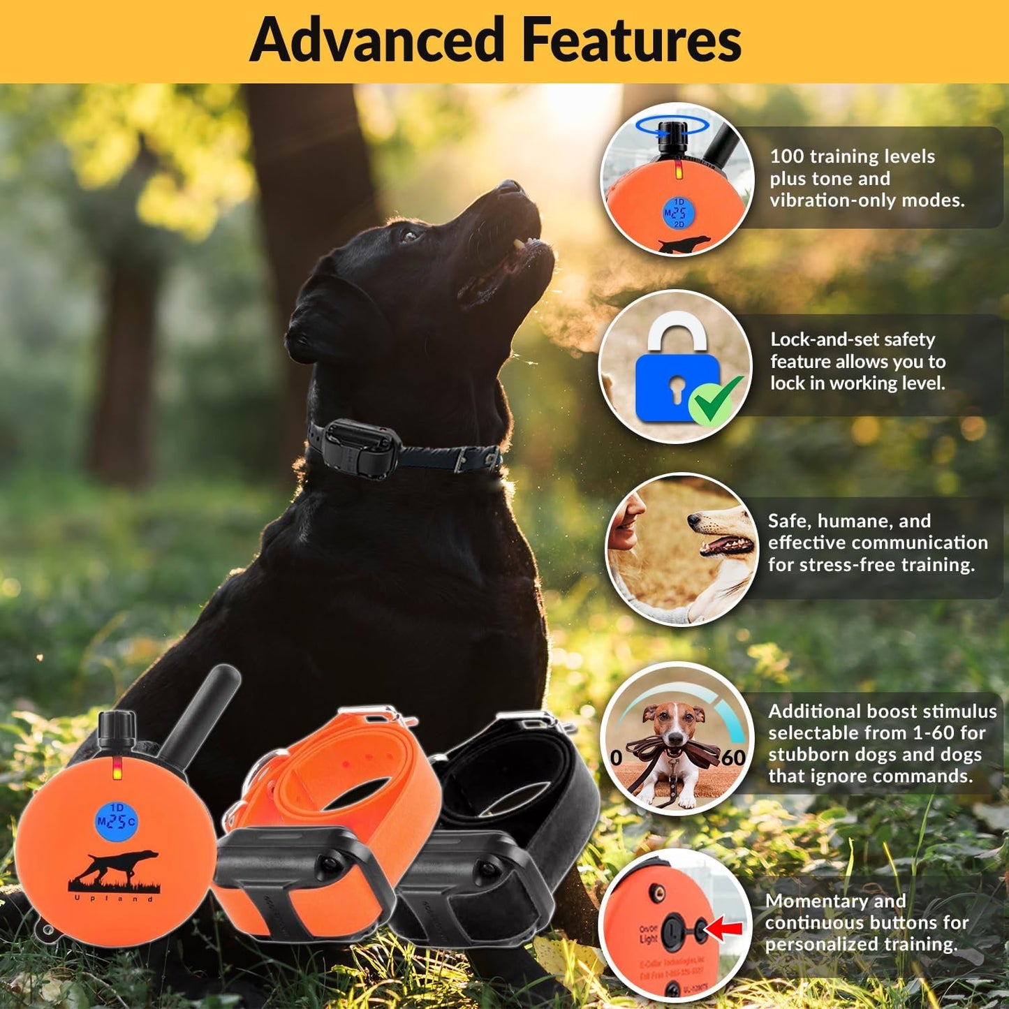 E-Collar Humane Dog Training Collar with Remote, 100 Safe Tapping Stimulation Levels, Night Light, Waterproof, Rechargeable, 1 Mile 2 Large Dogs, Orange