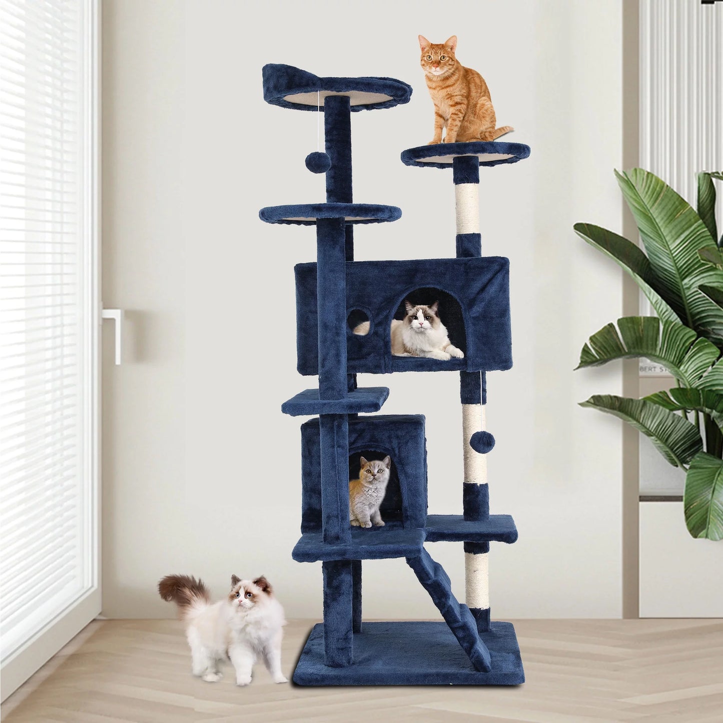 54-Inch Double Condo Cat Tree Tower with Scratching Post and Perch for Indoor Use in Navy Blue