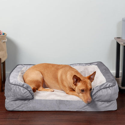 Orthopedic Dog Bed for Medium/Small Dogs W/ Removable Bolsters & Washable Cover, for Dogs up to 35 Lbs - Plush & Velvet Waves Perfect Comfort Sofa - Granite Gray, Medium