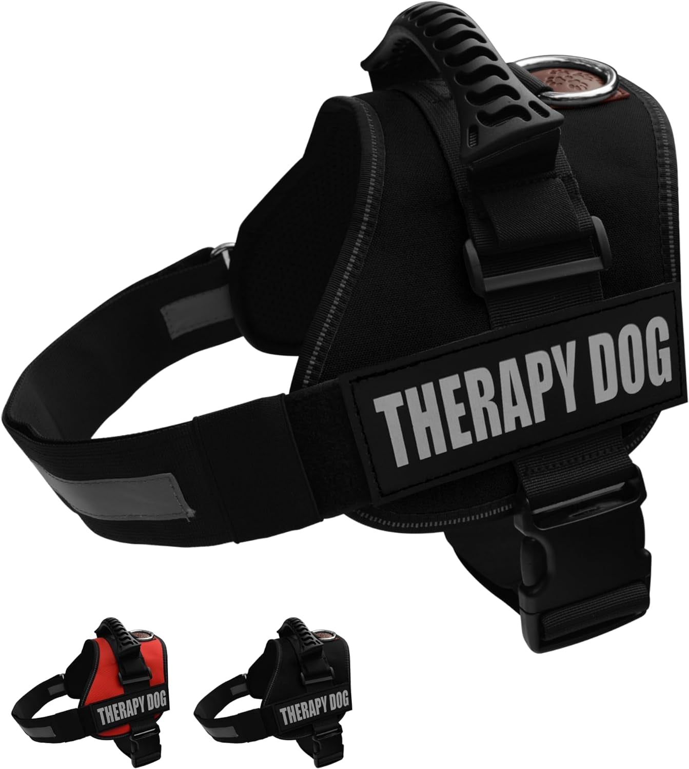 Reflective Therapy Dog Vest Harness, Woven Nylon, Adjustable Service Animal Jacket, with 2 Hook and Loop Therapy Dog Removable Patches. Black, Extra Large