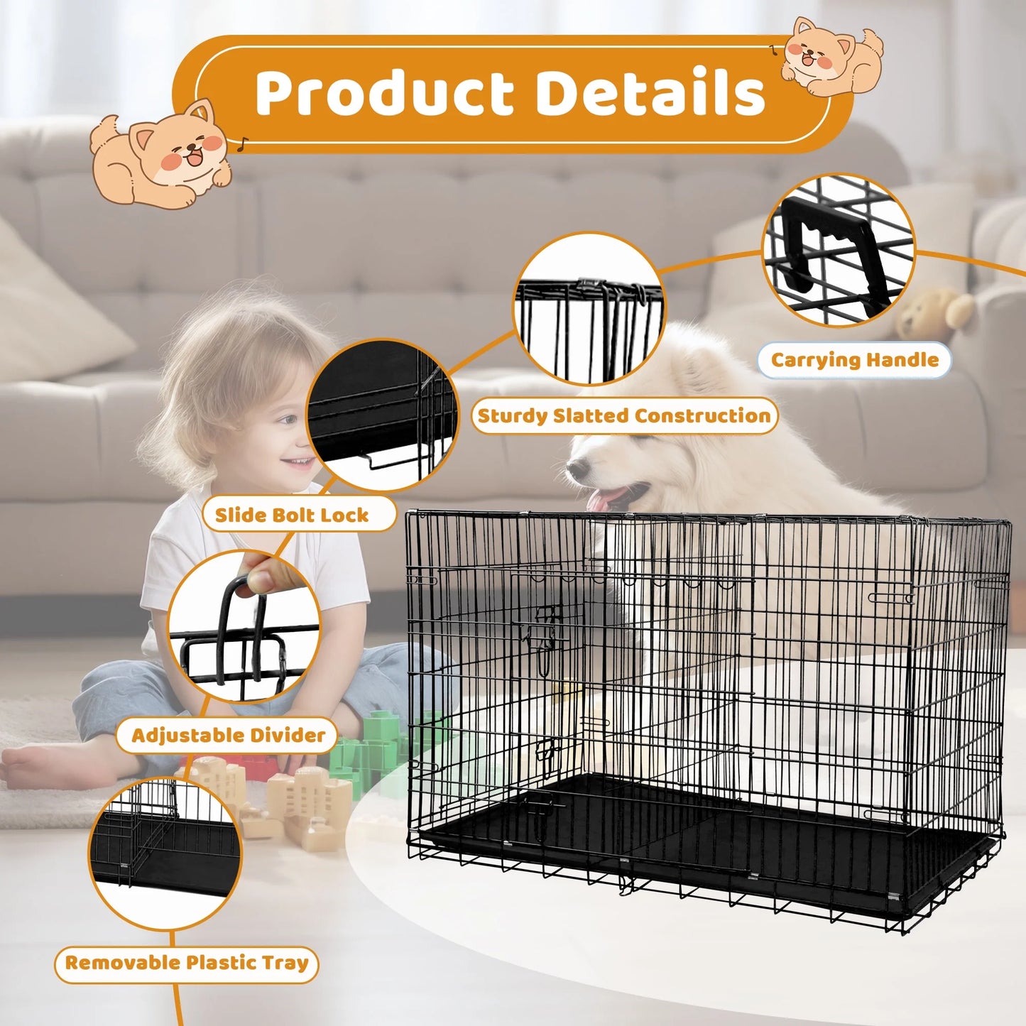 48-Inch Collapsible Metal Dog Crate with Dual Access Doors and Carry Handle, Suitable for Large and Medium Breeds, Includes Removable Plastic Tray, Black