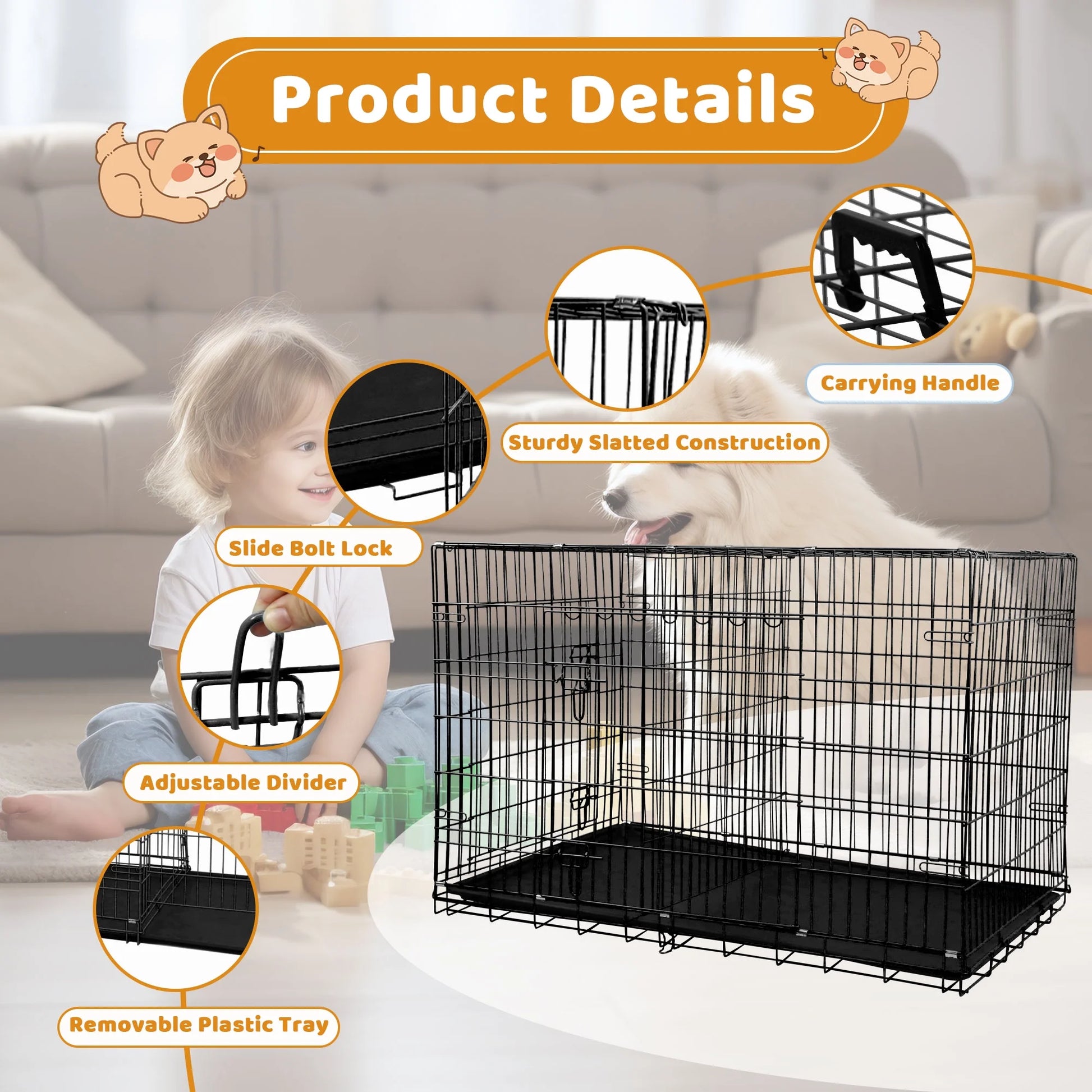 48-Inch Collapsible Metal Dog Crate with Dual Access Doors and Carry Handle, Suitable for Large and Medium Breeds, Includes Removable Plastic Tray, Black
