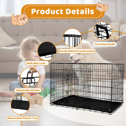 48-Inch Collapsible Metal Dog Crate with Dual Access Doors and Carry Handle, Suitable for Large and Medium Breeds, Includes Removable Plastic Tray, Black