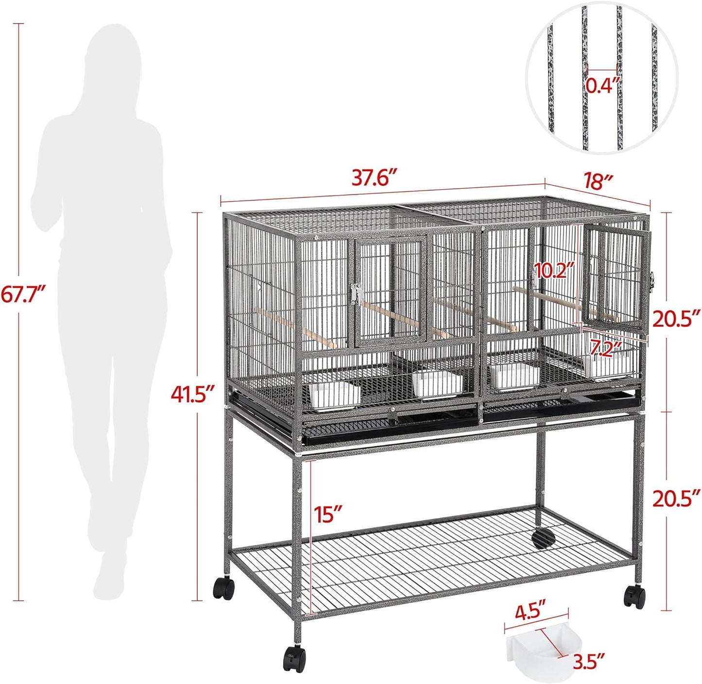 41.5" Stackable Divided Breeder Cage for Small Birds with Mobile Stand in Black