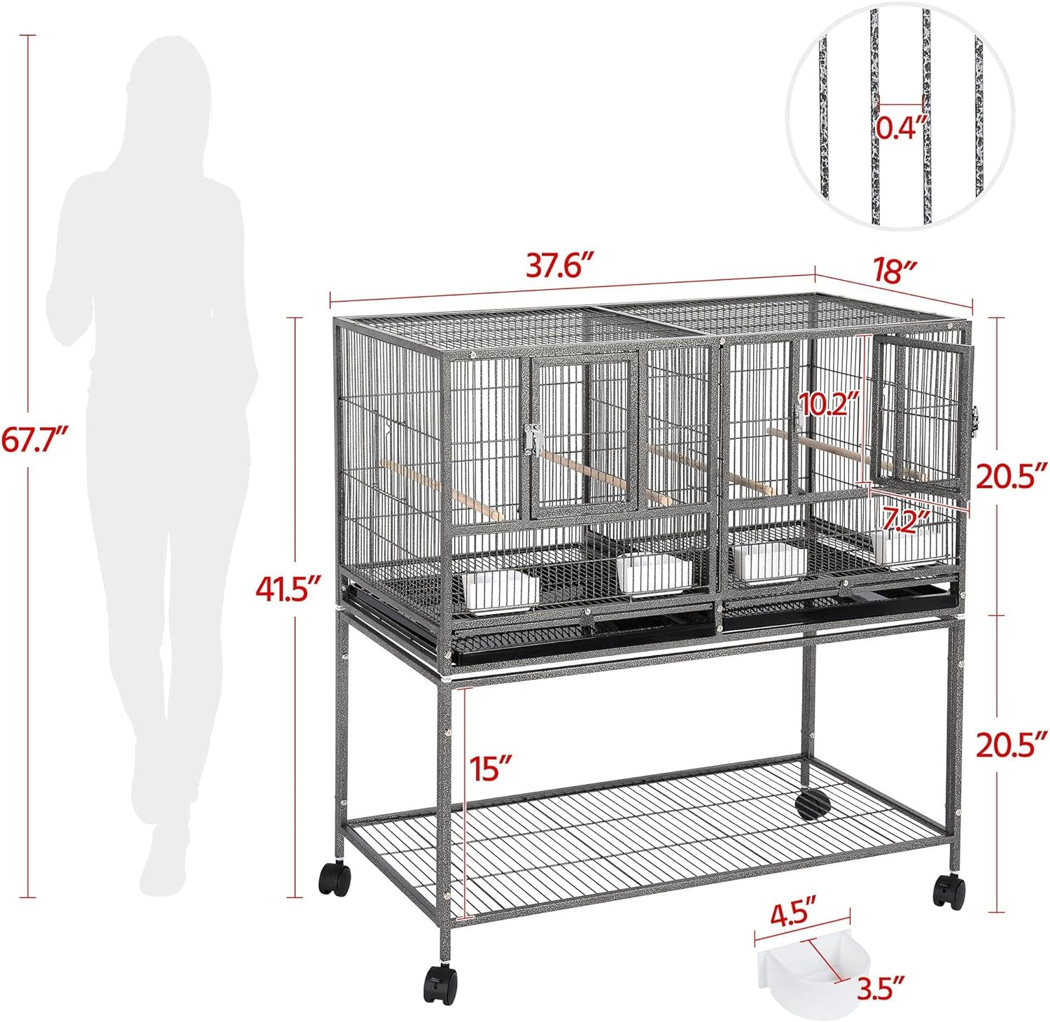 41.5" Stackable Divided Breeder Cage for Small Birds with Mobile Stand in Black