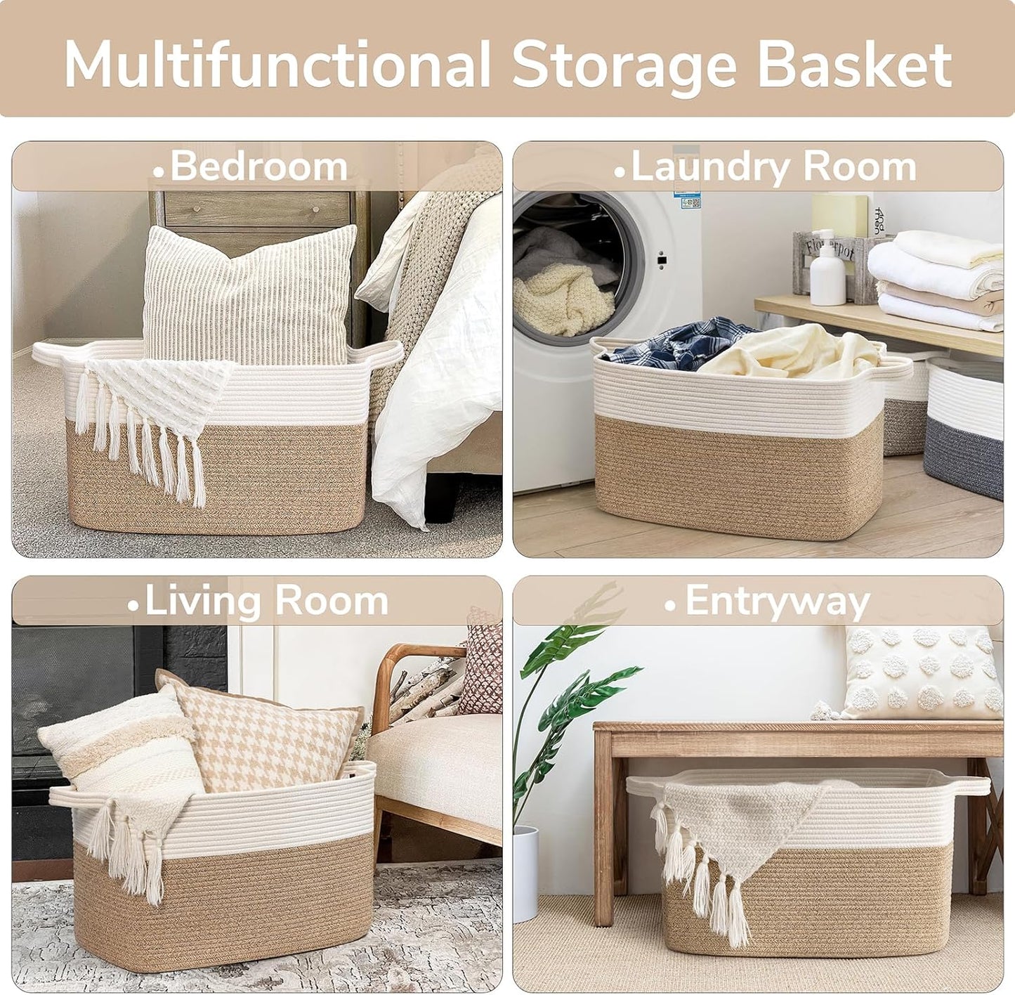 Large Woven Blanket Basket, 21.6" X 14.9" X 11.8" Storage Baskets for Organizing, Rectangle Cotton Rope Toy Basket for Living Room, Bedroom, White & Brown