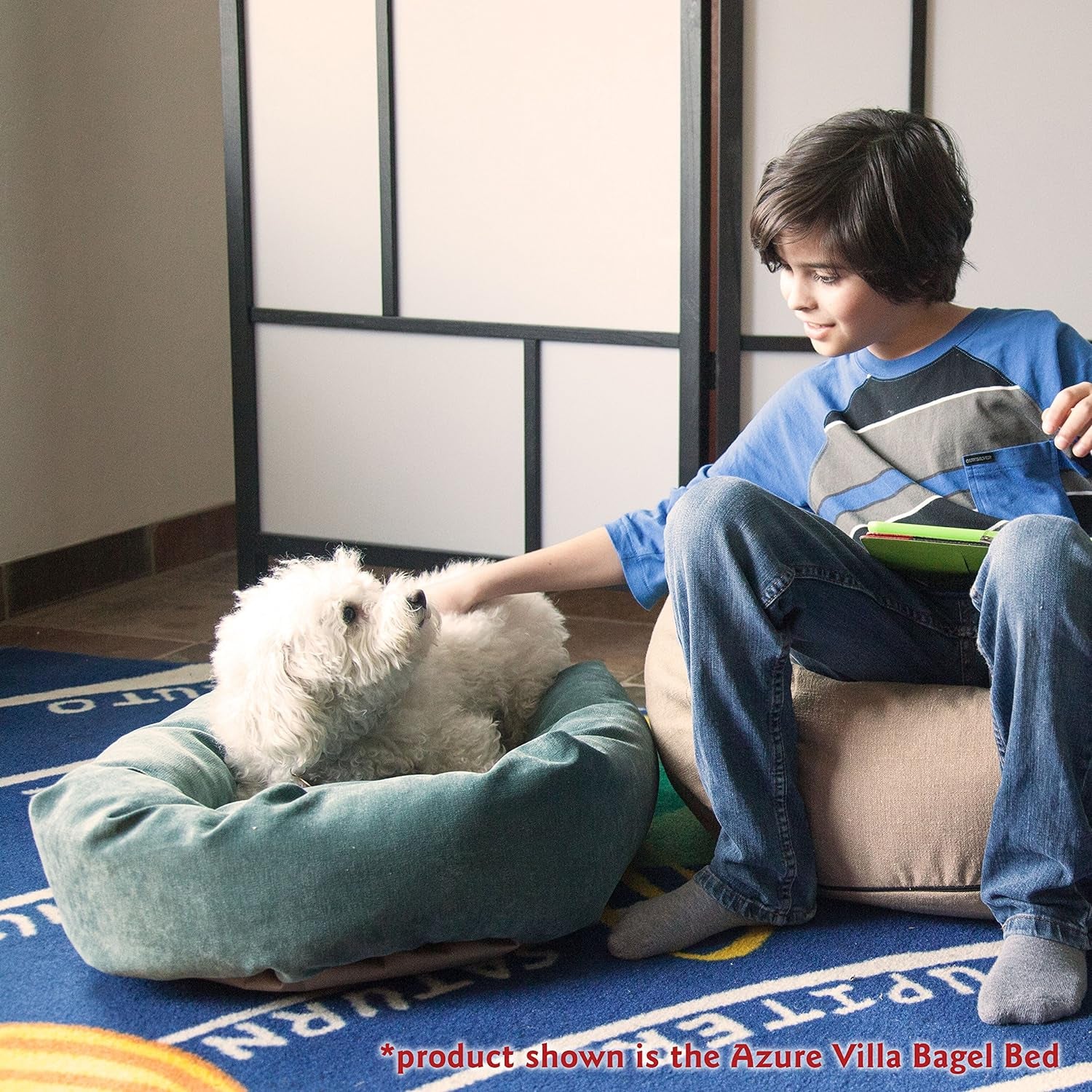 52 Inch Micro Velvet Calming Dog Bed Washable – Cozy Soft round Dog Bed with Spine for Head Support - Fluffy Donut Puppy Mat 52X35X11 (Inch) X- Large – Azure