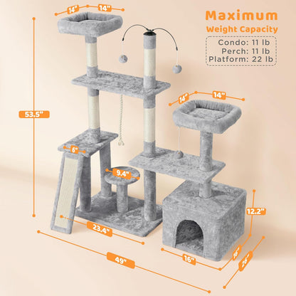53.5-Inch Cat Tree with Sisal Scratching Posts, Condo, Perches, and Wide Platform for Indoor Kittens and Adult Cats in Light Gray