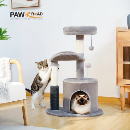 32.7-Inch Gray Cat Tree - Space-Saving Cat Tower with Scratching Posts, Condo, and Self-Grooming Toy