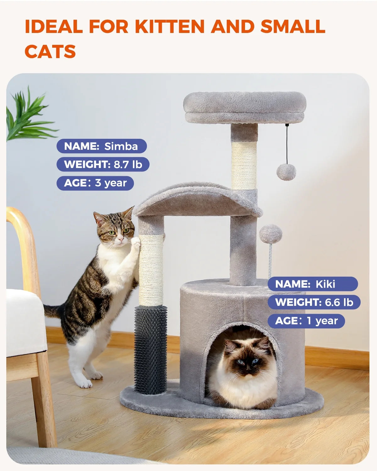 32.7-Inch Gray Cat Tree - Space-Saving Cat Tower with Scratching Posts, Condo, and Self-Grooming Toy