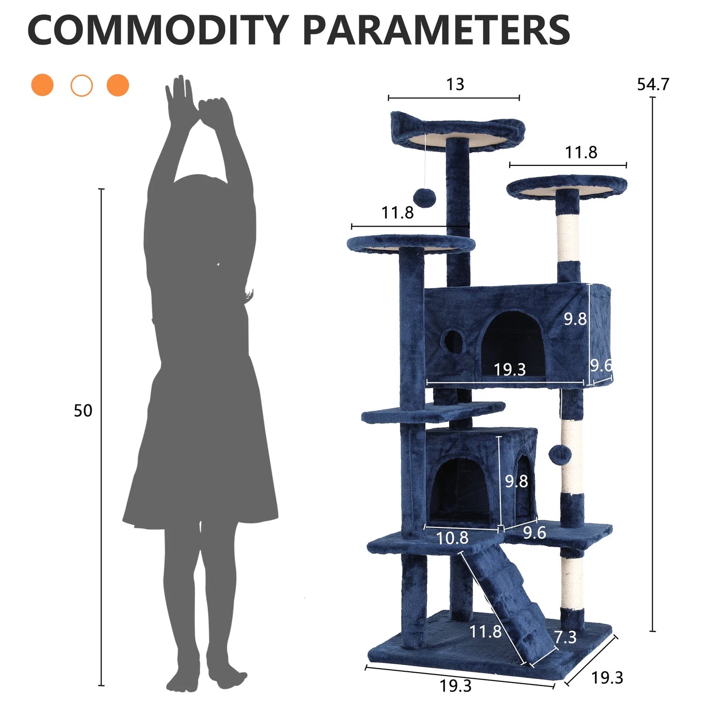 54-Inch Double Condo Cat Tree Tower with Scratching Post and Perch for Indoor Use in Navy Blue