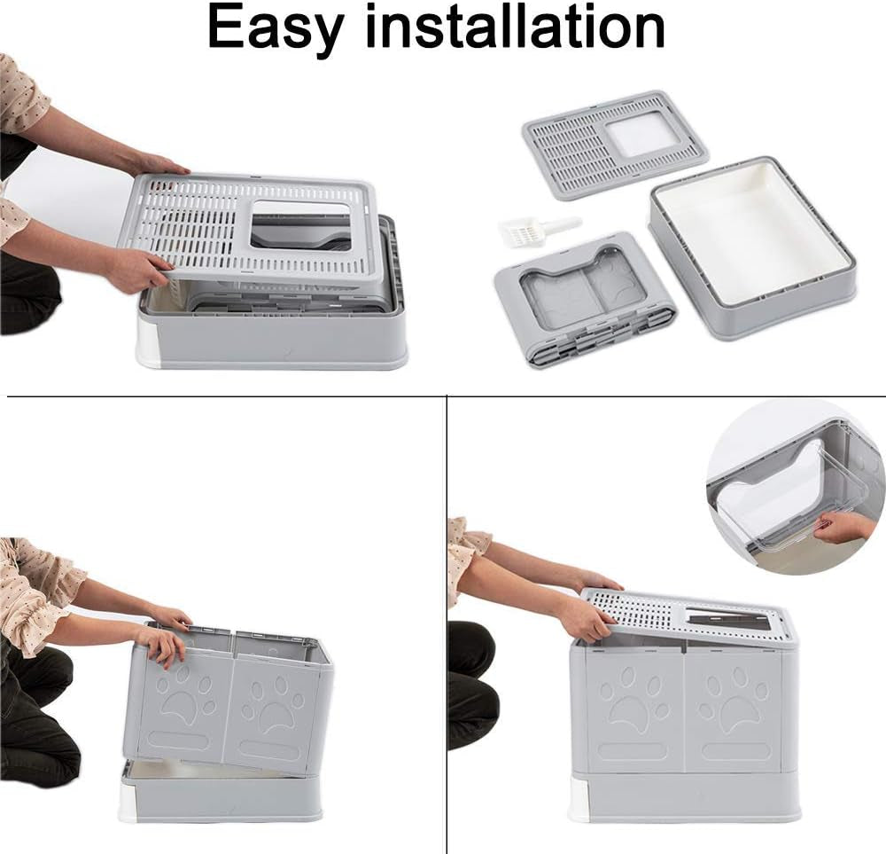 Foldable Cat Litter Box - Top Entry/Front Entry Large Enclosed Litter Box with Cat Litter Scoop, Gray