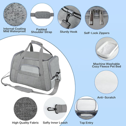 Pet Travel Carrier Soft Sided Portable Bag for Cats, Small Dogs, Kittens or Puppies, Collapsible, Durable, Airline Approved, Travel Friendly (Grey, 17.0" L X 10.0" W X 11.0" H) (Grey)