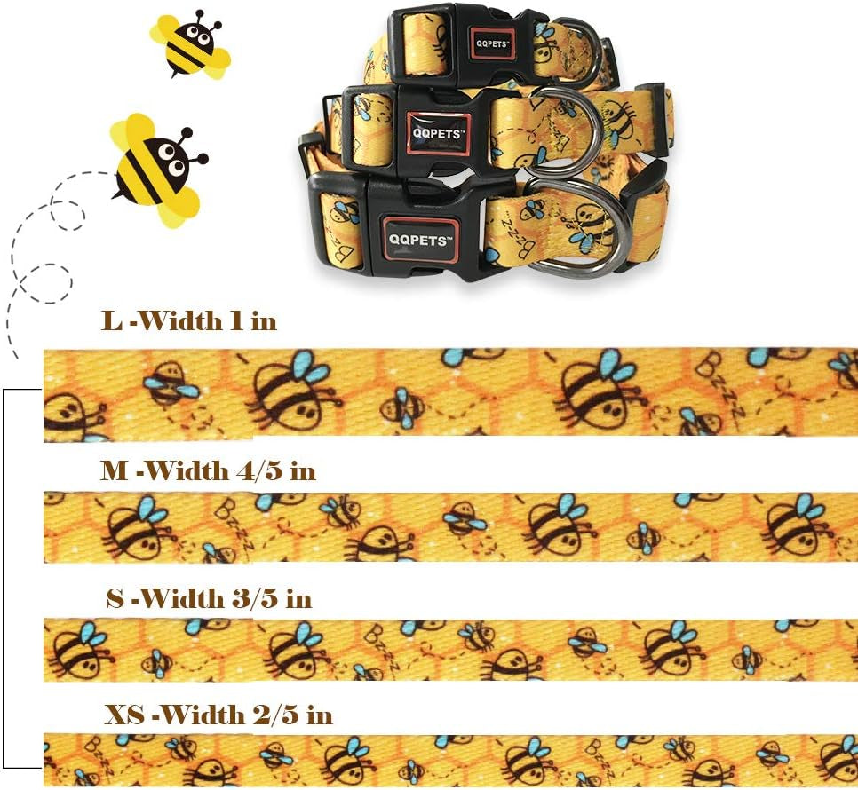 Adjustable Soft Dog Collar: Print Flower Pink Multicolor Cute Patterns for XS Small Medium Large Pet Girl Boy Puppy Walking Running Training (M, Yellow Bee)