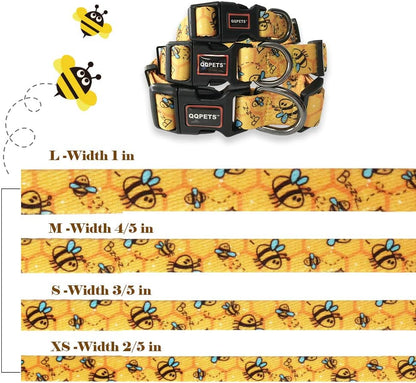 Adjustable Soft Dog Collar: Print Flower Pink Multicolor Cute Patterns for XS Small Medium Large Pet Girl Boy Puppy Walking Running Training (M, Yellow Bee)