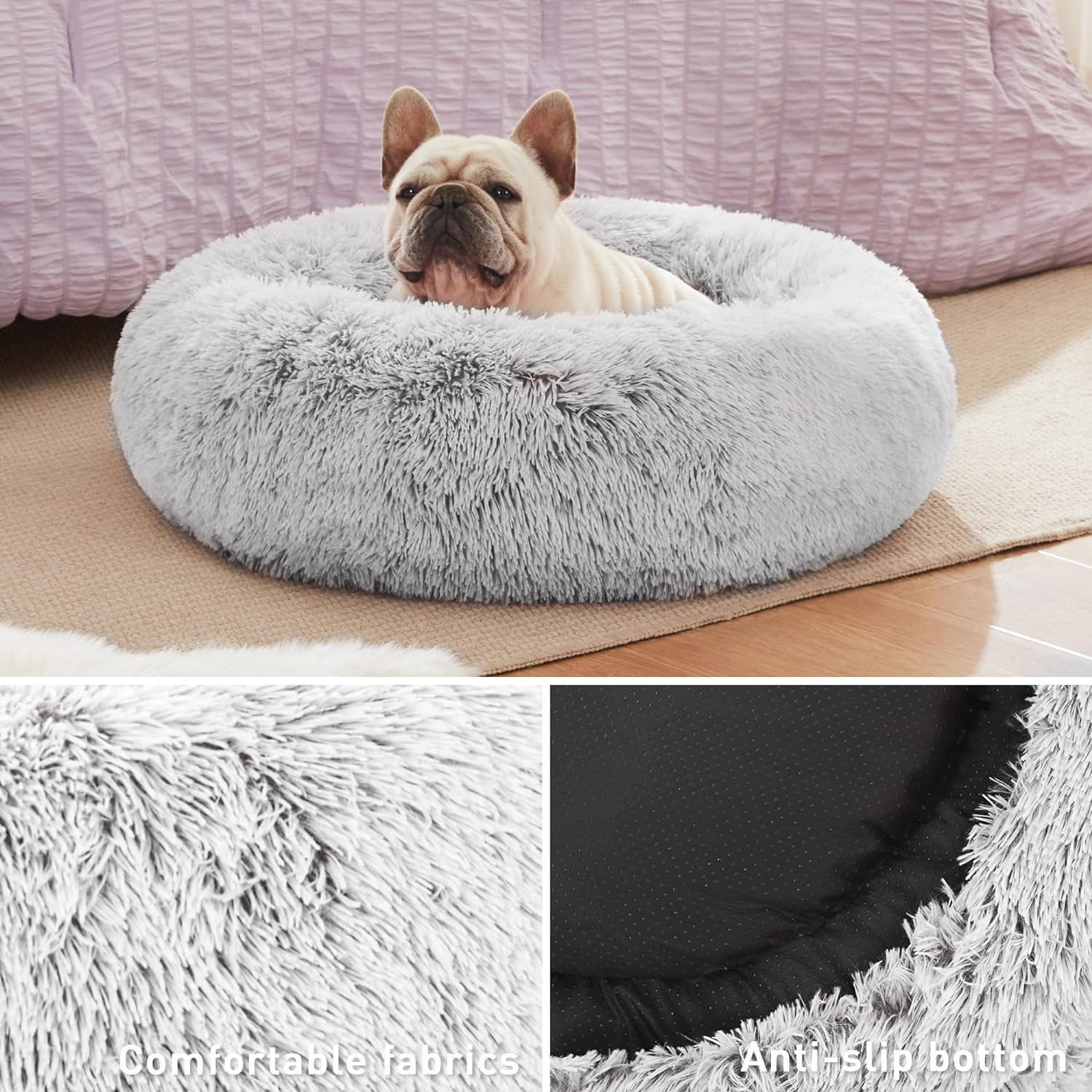 Calming Donut Pet Bed for Indoor Cats and Small to Medium Dogs, Anti-Anxiety Design, Fluffy Faux Fur, Washable, Grey, 24 Inches