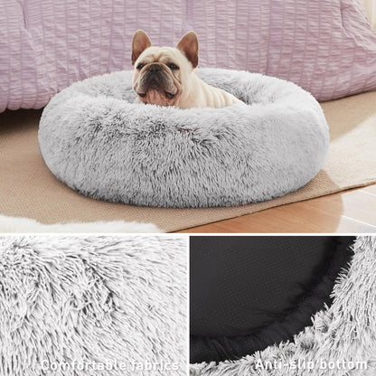Calming Donut Pet Bed for Indoor Cats and Small to Medium Dogs, Anti-Anxiety Design, Fluffy Faux Fur, Washable, Grey, 24 Inches