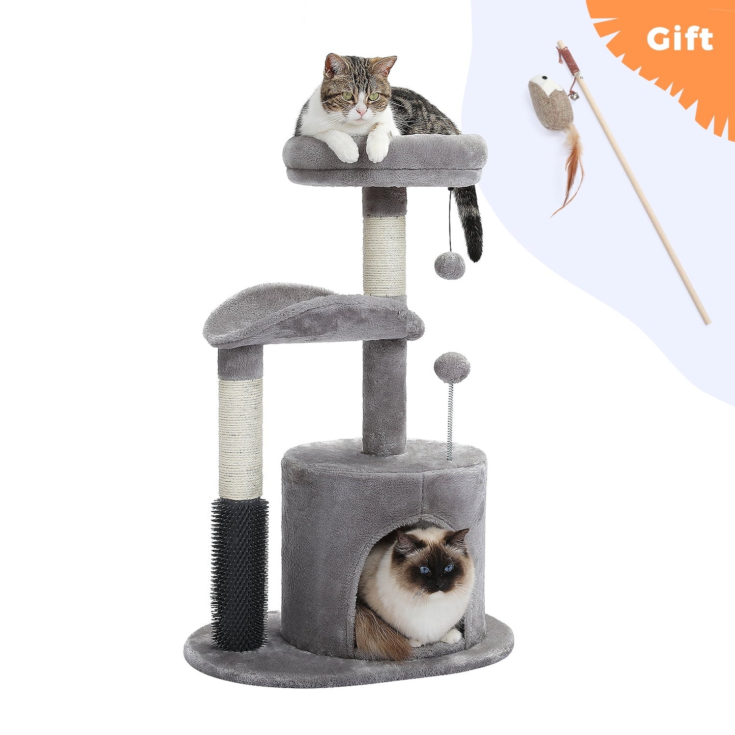 32.7-Inch Gray Cat Tree - Space-Saving Cat Tower with Scratching Posts, Condo, and Self-Grooming Toy