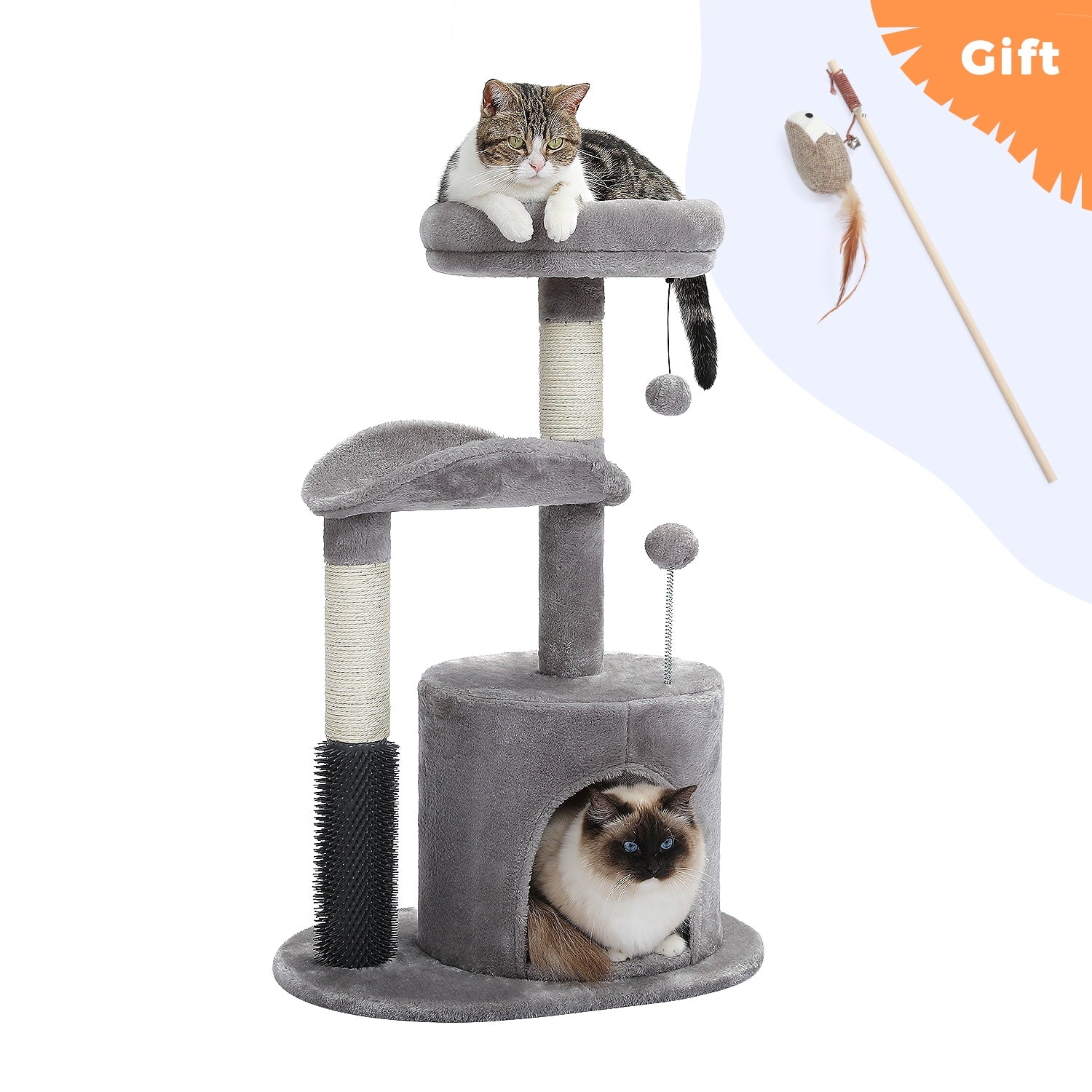 32.7-Inch Gray Cat Tree - Space-Saving Cat Tower with Scratching Posts, Condo, and Self-Grooming Toy
