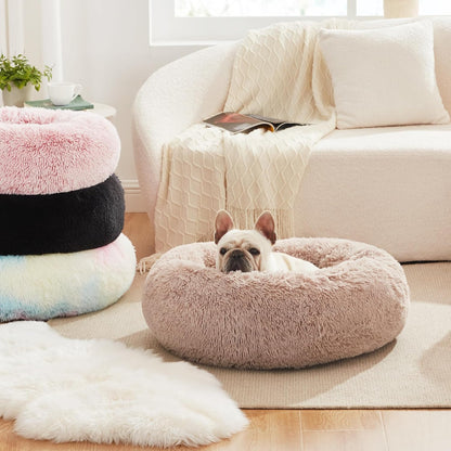 Calming Donut Pet Bed for Indoor Cats and Small to Medium Dogs, Anti-Anxiety Design, Fluffy Faux Fur, Washable, Grey, 24 Inches