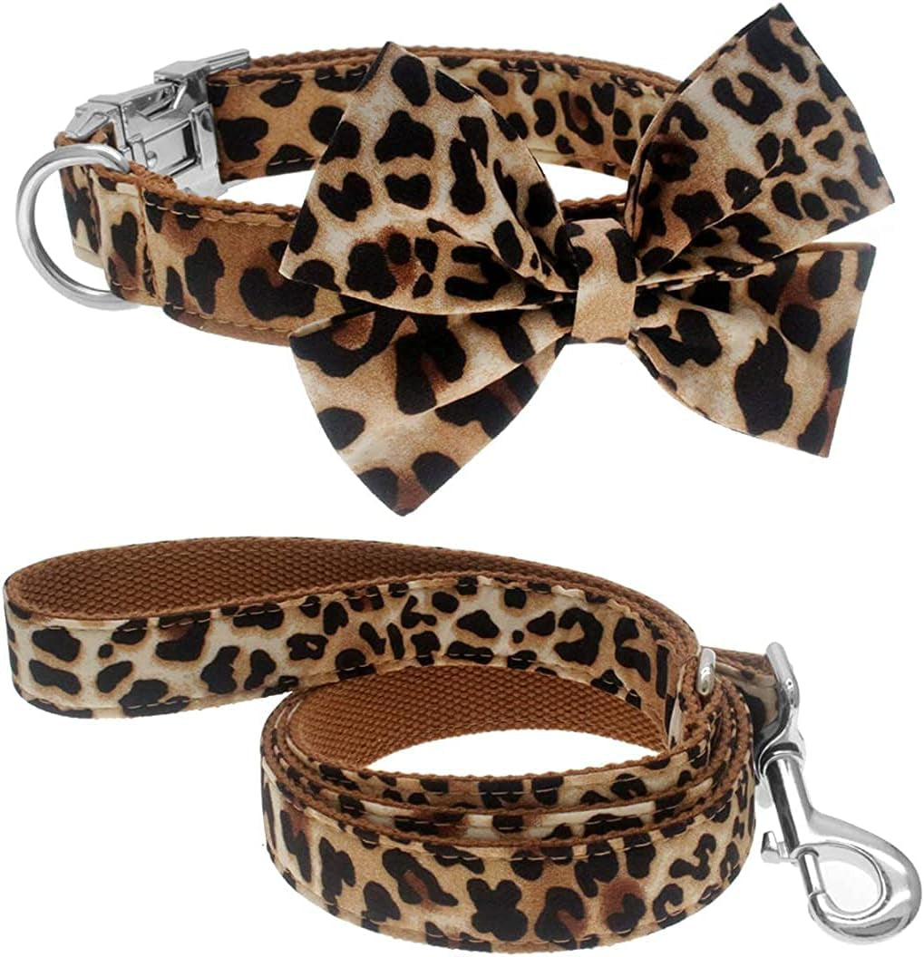 Adjustable Leopard Print Dog Collar with Detachable Bowtie, Crafted from Cotton and Webbing, Ideal for Small to Large Breeds