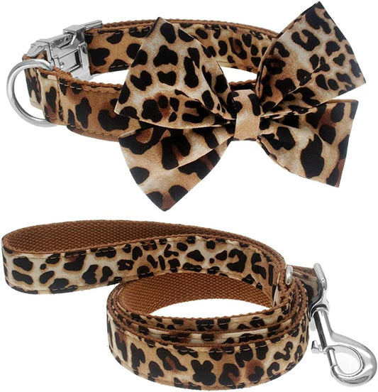 Adjustable Leopard Print Dog Collar with Detachable Bowtie, Crafted from Cotton and Webbing, Ideal for Small to Large Breeds