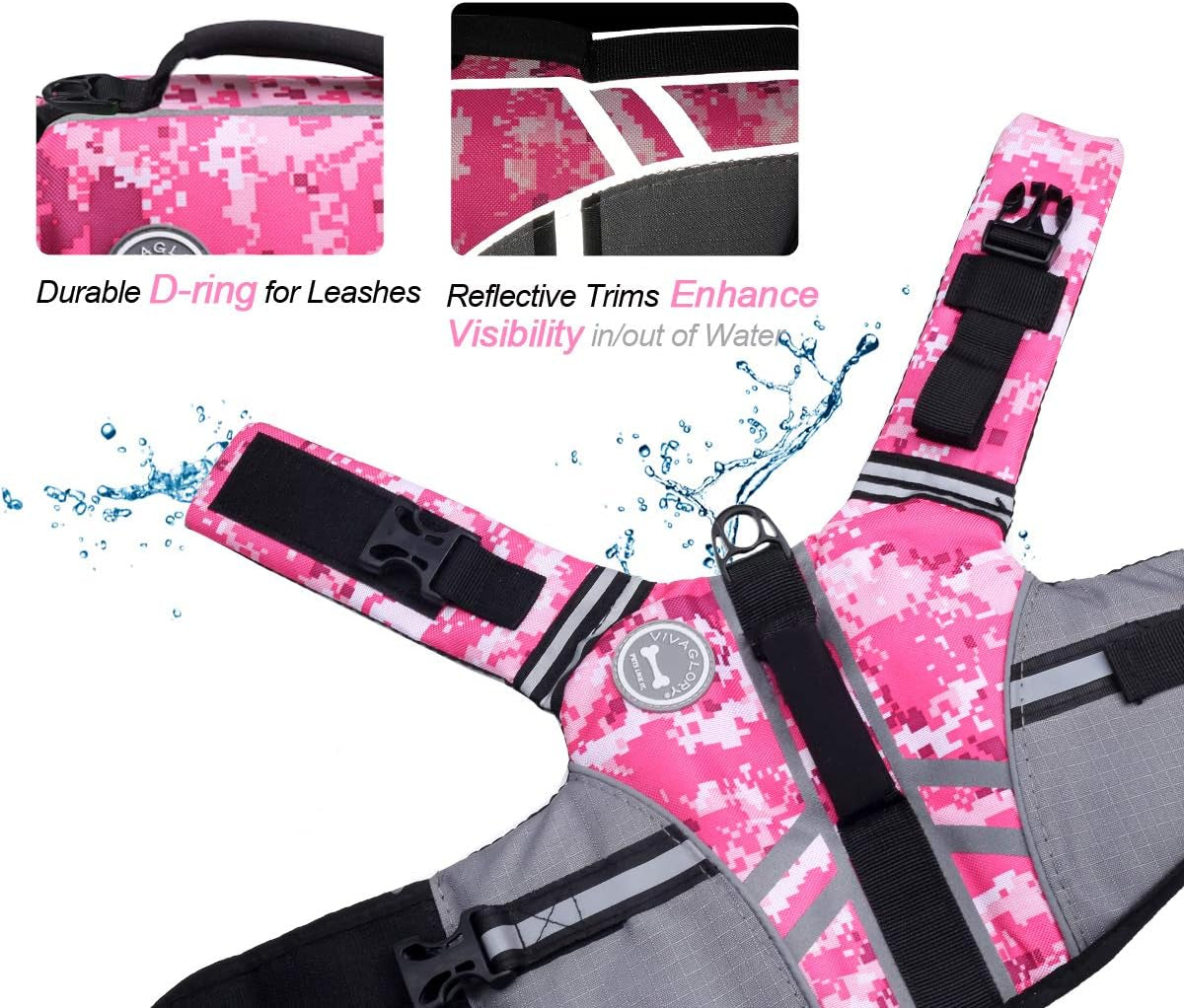 Sports Style Dog Life Vest, Dog Life Jacket for Swimming & Boating, Ripstop & Buoyancy for Puppy Doggy, Lifejacket with Handle, XS, Camo Pink