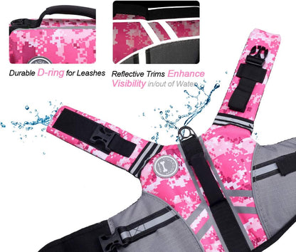 Sports Style Dog Life Vest, Dog Life Jacket for Swimming & Boating, Ripstop & Buoyancy for Puppy Doggy, Lifejacket with Handle, XS, Camo Pink