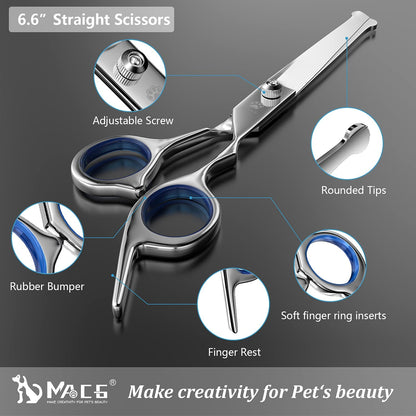 Dog Grooming Scissors Set with Safety round Tip, Titanium Coated Curved, Thinning and Straight Pet Grooming Scissors Kit for Dogs and Cats.