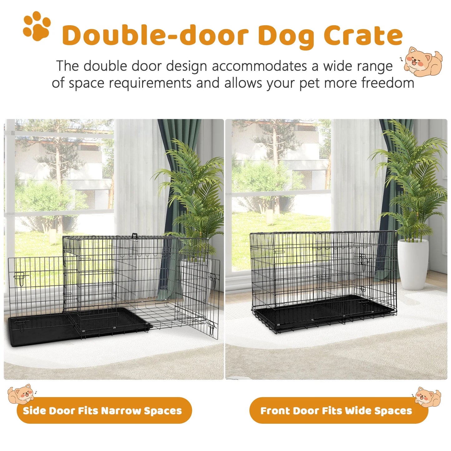 48-Inch Collapsible Metal Dog Crate with Dual Access Doors and Carry Handle, Suitable for Large and Medium Breeds, Includes Removable Plastic Tray, Black
