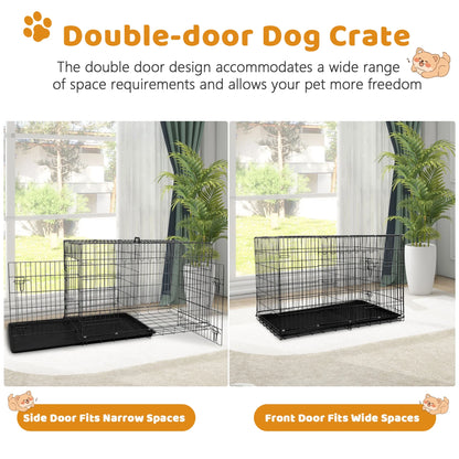 48-Inch Collapsible Metal Dog Crate with Dual Access Doors and Carry Handle, Suitable for Large and Medium Breeds, Includes Removable Plastic Tray, Black