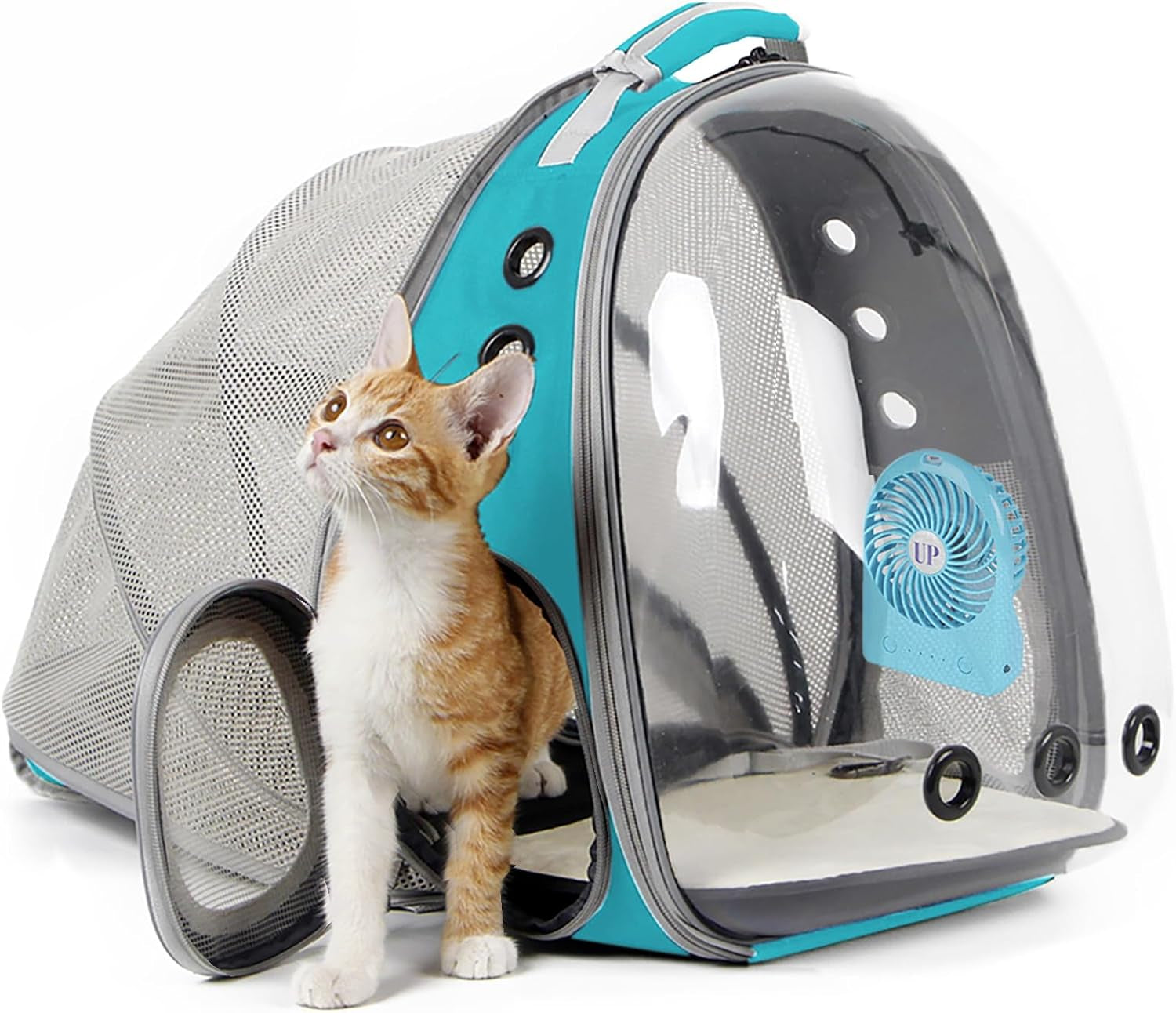 Cat Travel Backpack with Integrated Fan for Pets up to 12 lbs, Space Capsule Design with Clear Bubble Window - Green