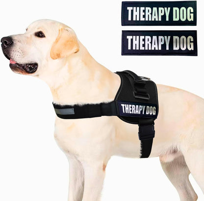 Reflective Therapy Dog Vest Harness, Woven Nylon, Adjustable Service Animal Jacket, with 2 Hook and Loop Therapy Dog Removable Patches. Black, Extra Large