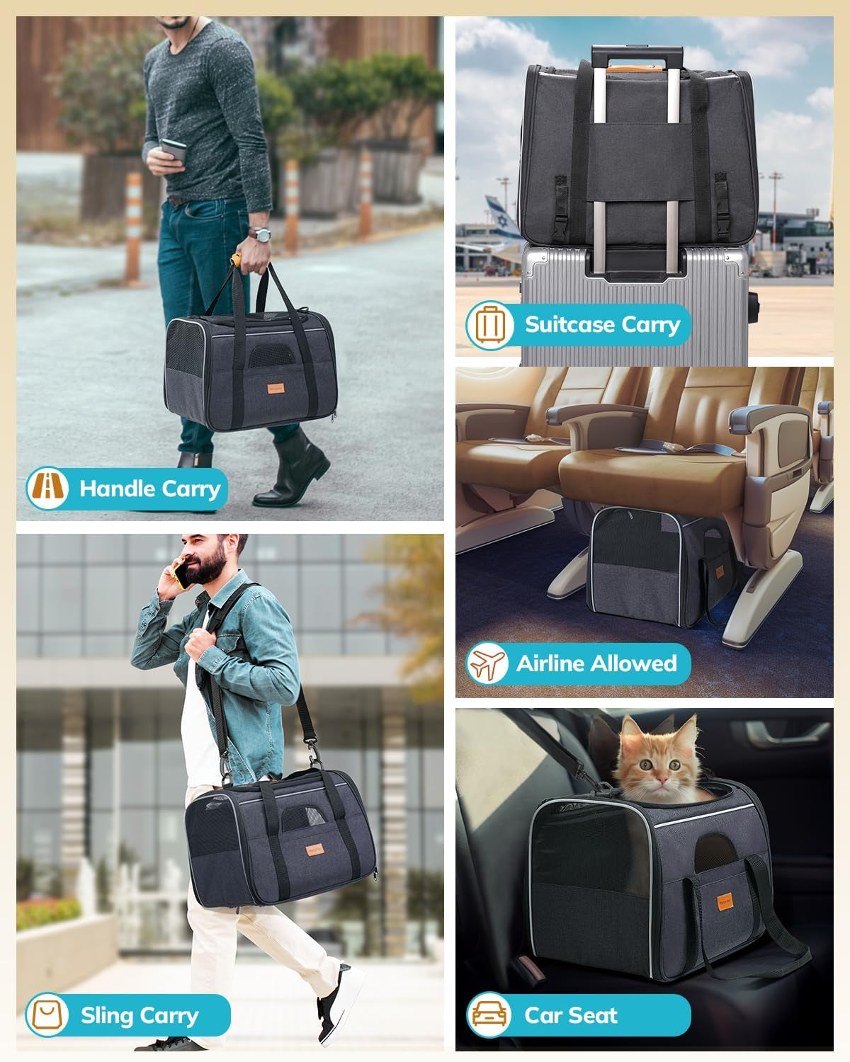 Cat Carrier - Cat Carrier Soft for Medium or Large Cats up to 20Lbs, with Dual-Sided Cushion, Secure Buckle and Foldable Bowl, Dog Carriers for Small Dogs - Pet Carrier (Dark Gray)