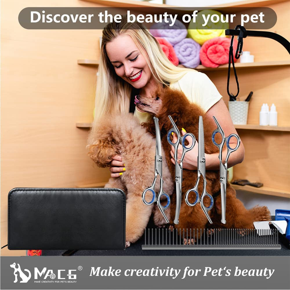 Dog Grooming Scissors Set with Safety round Tip, Titanium Coated Curved, Thinning and Straight Pet Grooming Scissors Kit for Dogs and Cats.