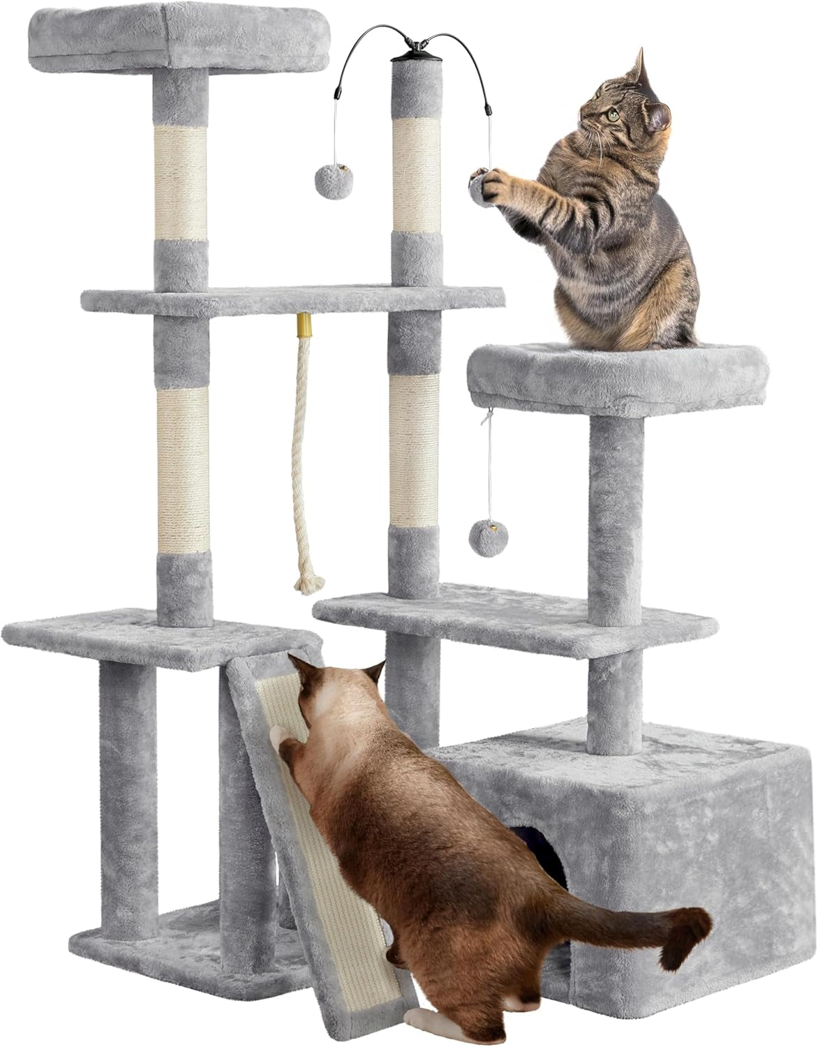 53.5-Inch Cat Tree with Sisal Scratching Posts, Condo, Perches, and Wide Platform for Indoor Kittens and Adult Cats in Light Gray