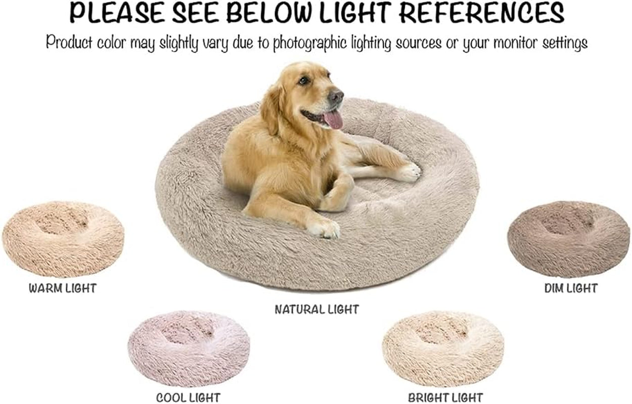 Donut Dog Bed Faux Fur Fluffy Calming Sofa for Medium Dogs, Soft & Plush anti Anxiety Pet Couch for Dogs, Machine Washable Coco Pet Bed with Non-Slip Bottom, 30"X30"X7" Tan