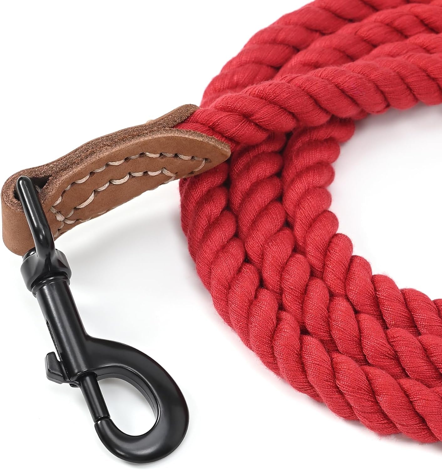 Braided Cotton Rope Dog Leash with Leather Tip - Durable Metal Clasp, 5FT Length, 1/2" Thickness - Perfect for Medium to Large Breeds (Red)