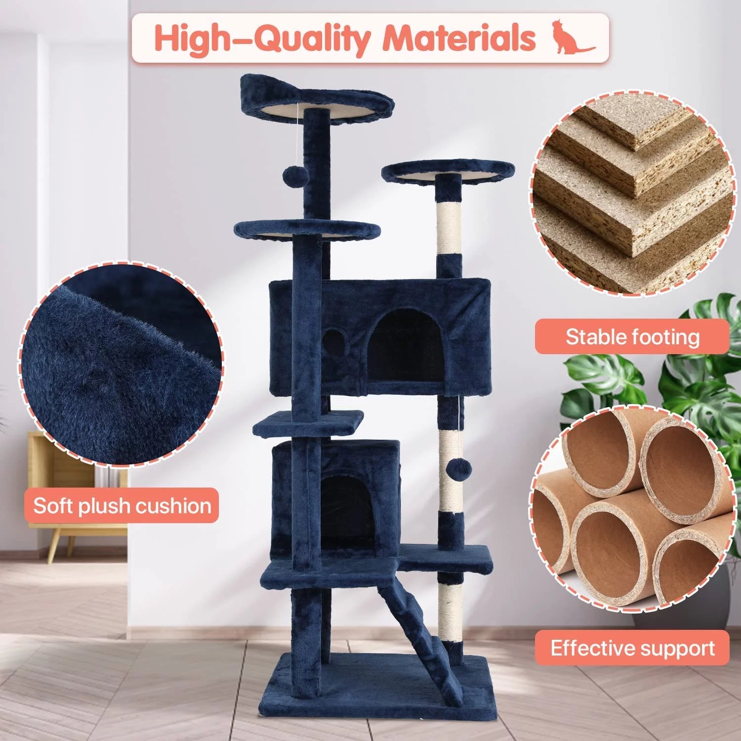 54-Inch Double Condo Cat Tree Tower with Scratching Post and Perch for Indoor Use in Navy Blue