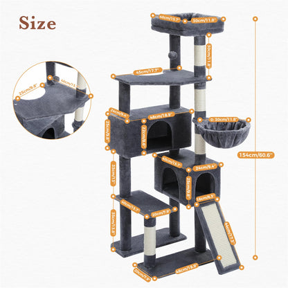 61-Inch Indoor Cat Tree Tower with Platform and Scratching Posts, Gray Cat Condo and House