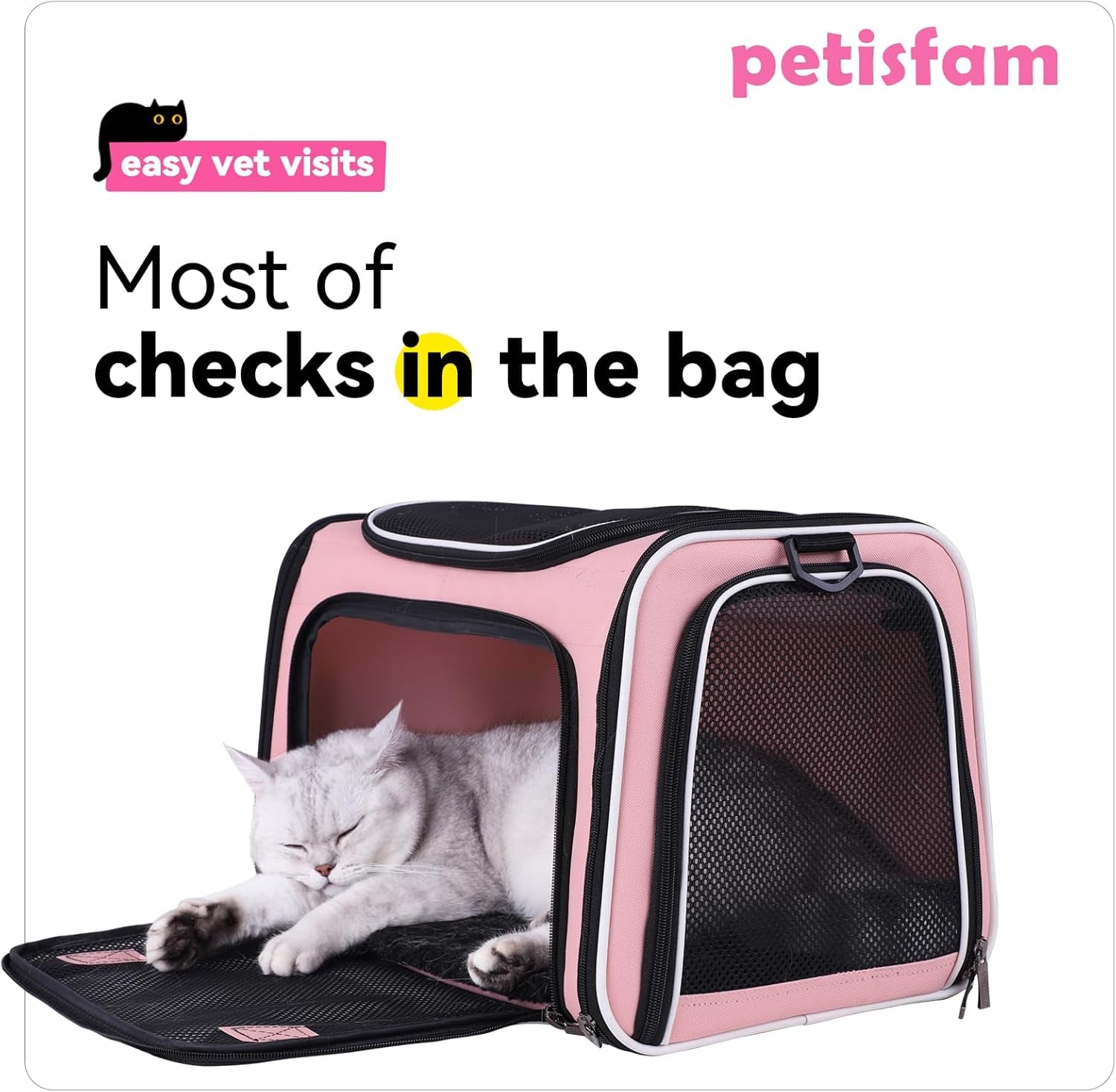 Soft Pet Carrier for Medium Cats and Small Dogs with Cozy Bed, 3 Doors, Top Entrance | Airline Approved, Escape-Proof, Breathable, Leak-Proof, Easy Storage (Pink)