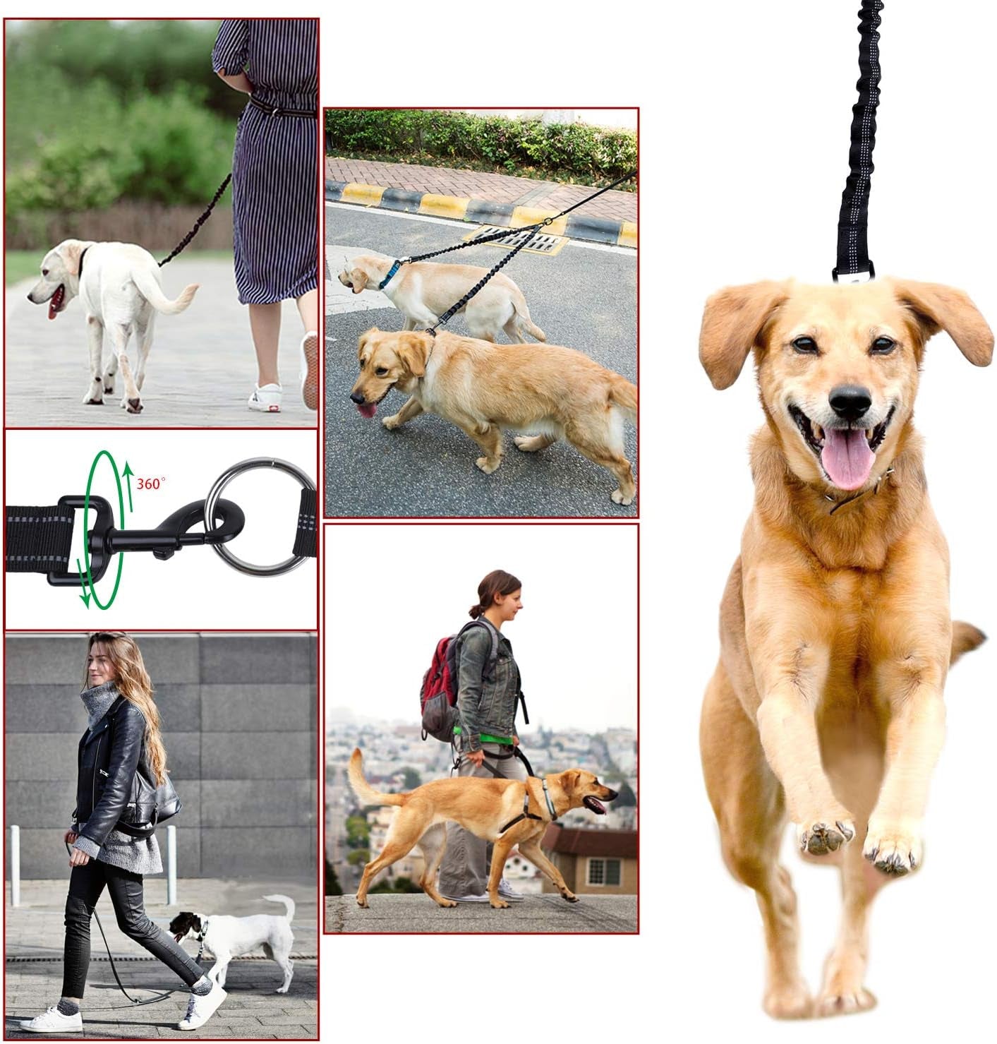 Double Dog Leash, 360° Swivel No Tangle Dog Walking Leash for 2 Dogs up to 200Lbs, Comfortable Adjustable Dual Padded Handles