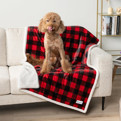 Waterproof Dog Blanket for Medium Large XL Dog Puppy Cat Throw for Couch Cover Leakproof Protection, Sherpa Fleece, Reversible Soft Washable 80X60 Checker Plaid Red
