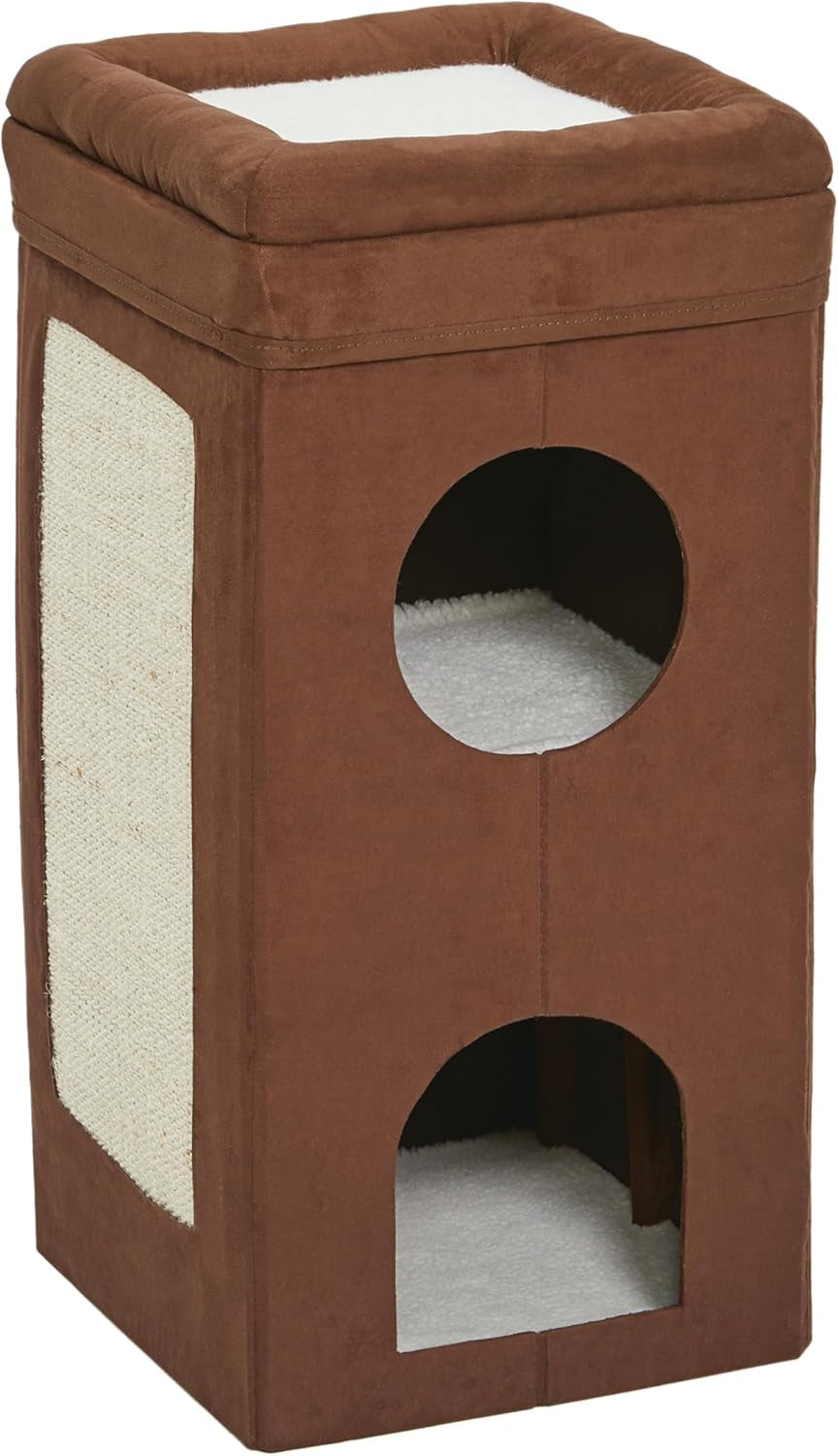 Feline Nuvo Curious Cat Condo, Tri-Level Cat Tree, Faux Brown Suede with Hideaways, Bed Top & Sisal Scratch Panel, for Multiple Cats