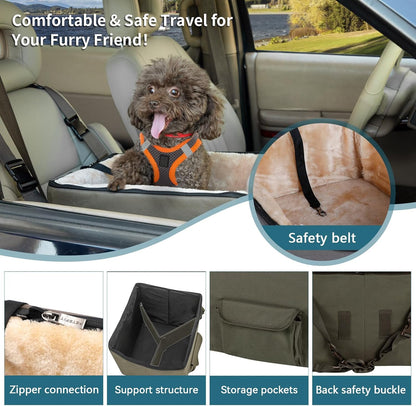 Small Dog and Cat Booster Seat with Storage Pockets for Vehicles, Dark Brown